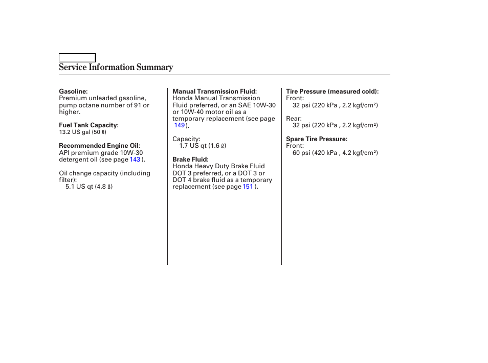 Service information summary | HONDA 2006 S2000 - Owner's Manual User Manual | Page 221 / 221
