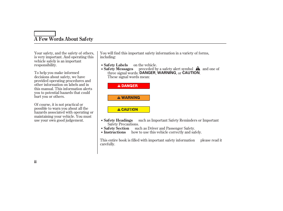 A few words about safety | HONDA 2006 S2000 - Owner's Manual User Manual | Page 4 / 221