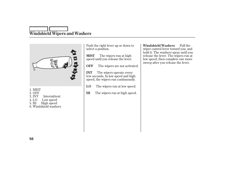 Windshield wipers and washers | HONDA 2006 S2000 - Owner's Manual User Manual | Page 58 / 221