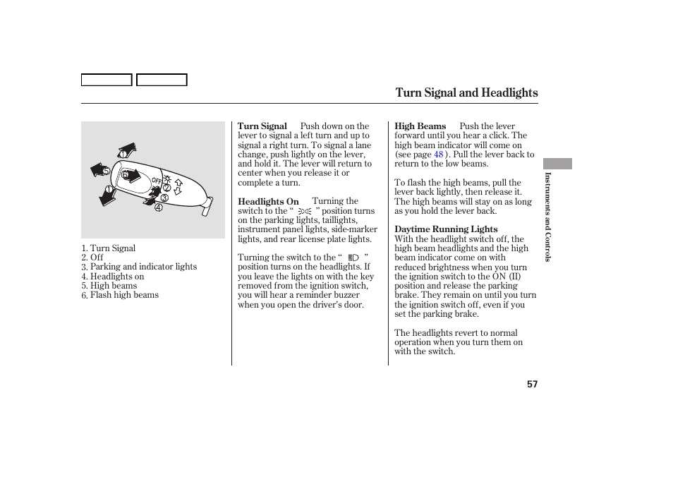 Turn signal and headlights | HONDA 2006 S2000 - Owner's Manual User Manual | Page 59 / 221