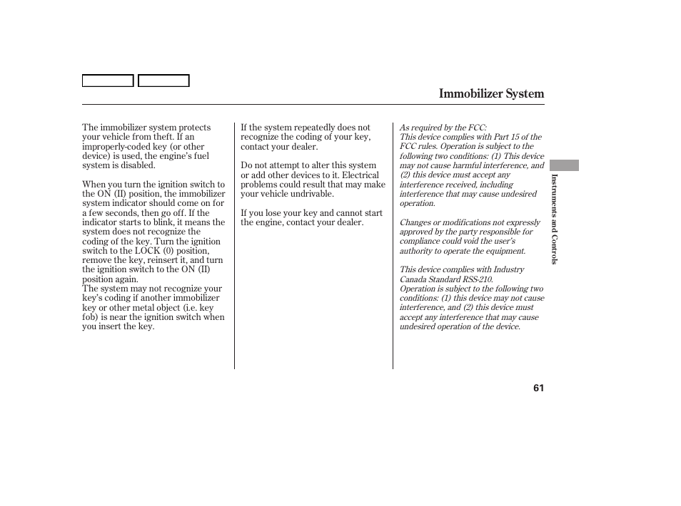 Immobilizer system | HONDA 2006 S2000 - Owner's Manual User Manual | Page 63 / 221