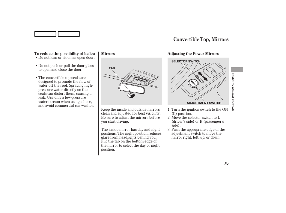 Convertible top, mirrors | HONDA 2006 S2000 - Owner's Manual User Manual | Page 77 / 221