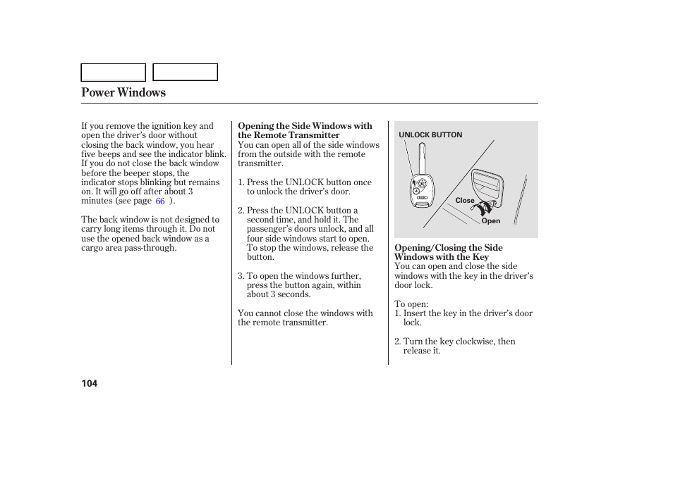 Power windows | HONDA 2006 Ridgeline - Owner's Manual User Manual | Page 107 / 320