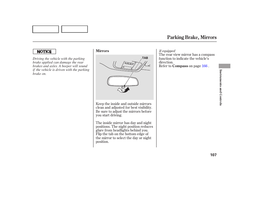 Parking brake, mirrors | HONDA 2006 Ridgeline - Owner's Manual User Manual | Page 110 / 320