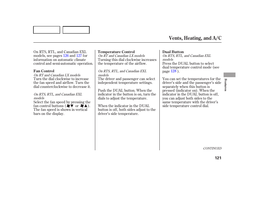 Vents, heating, and a/c | HONDA 2006 Ridgeline - Owner's Manual User Manual | Page 124 / 320