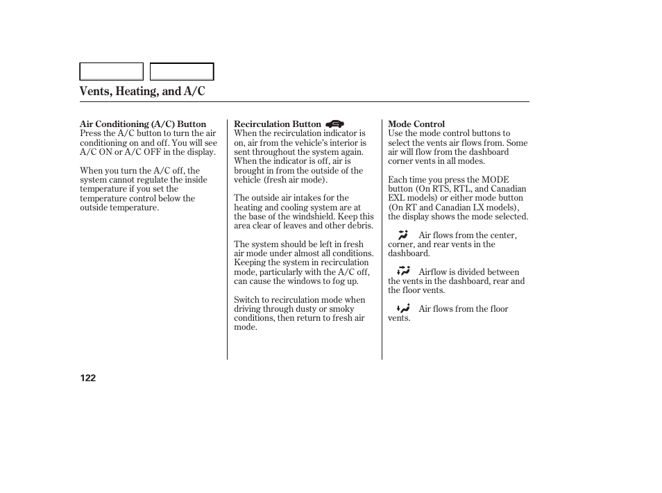 Vents, heating, and a/c | HONDA 2006 Ridgeline - Owner's Manual User Manual | Page 125 / 320
