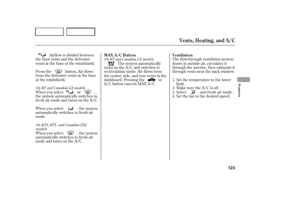 Vents, heating, and a/c | HONDA 2006 Ridgeline - Owner's Manual User Manual | Page 126 / 320