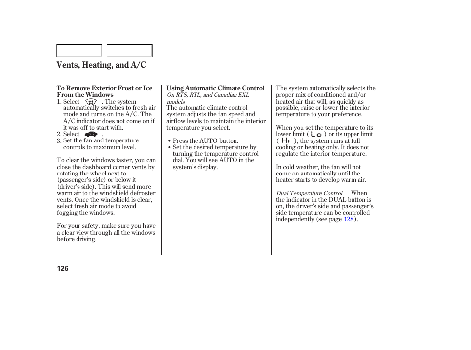 Vents, heating, and a/c | HONDA 2006 Ridgeline - Owner's Manual User Manual | Page 129 / 320