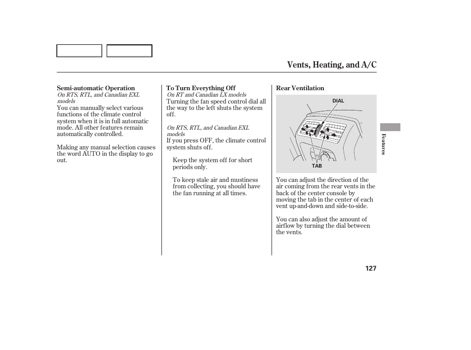 Vents, heating, and a/c | HONDA 2006 Ridgeline - Owner's Manual User Manual | Page 130 / 320