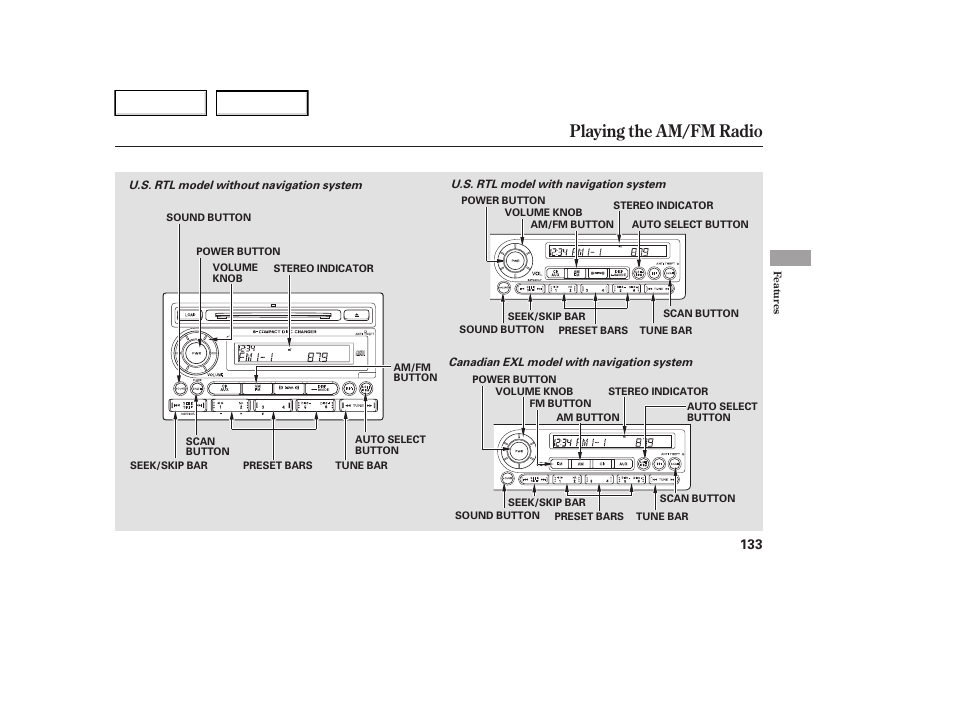 Playing the am/fm radio | HONDA 2006 Ridgeline - Owner's Manual User Manual | Page 136 / 320