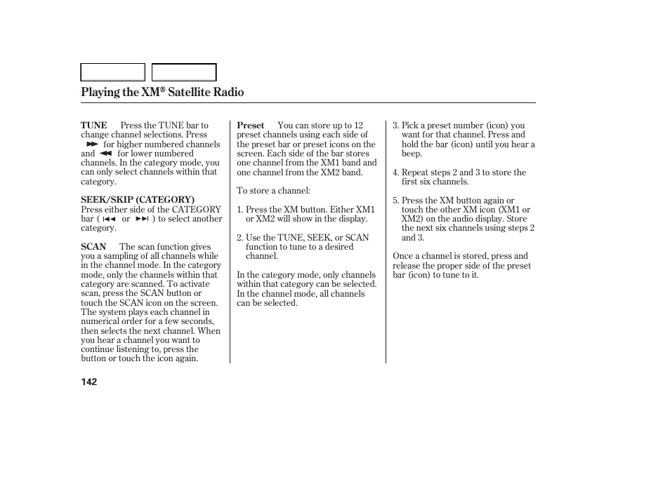 Playing the xm satellite radio | HONDA 2006 Ridgeline - Owner's Manual User Manual | Page 145 / 320