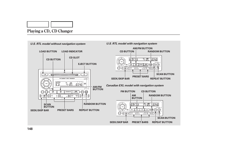 Playing a cd, cd changer | HONDA 2006 Ridgeline - Owner's Manual User Manual | Page 151 / 320