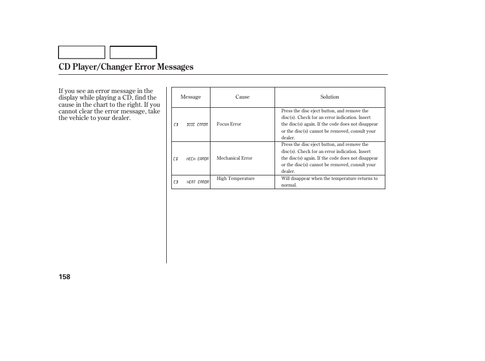 Cd player/changer error messages | HONDA 2006 Ridgeline - Owner's Manual User Manual | Page 161 / 320