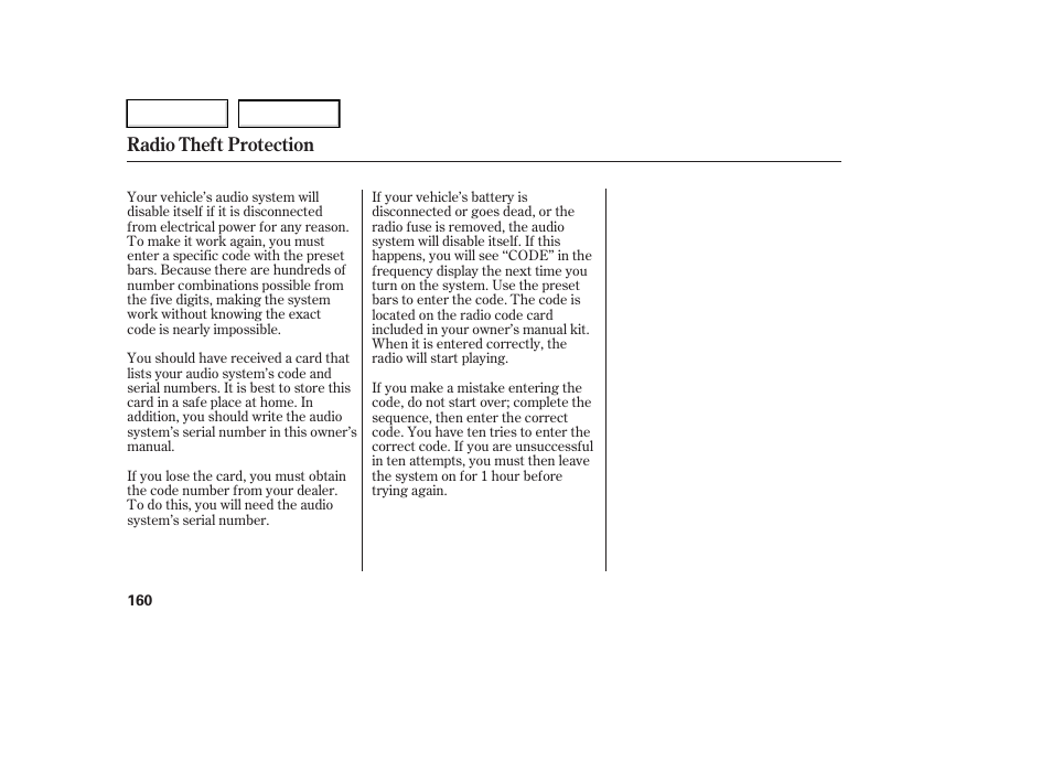 Radio theft protection | HONDA 2006 Ridgeline - Owner's Manual User Manual | Page 163 / 320