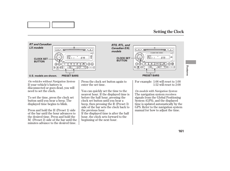 Setting the clock | HONDA 2006 Ridgeline - Owner's Manual User Manual | Page 164 / 320