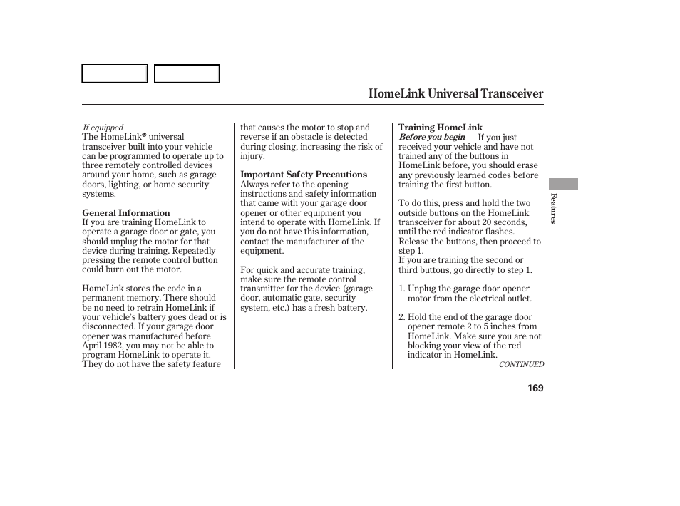 Homelink universal transceiver | HONDA 2006 Ridgeline - Owner's Manual User Manual | Page 172 / 320