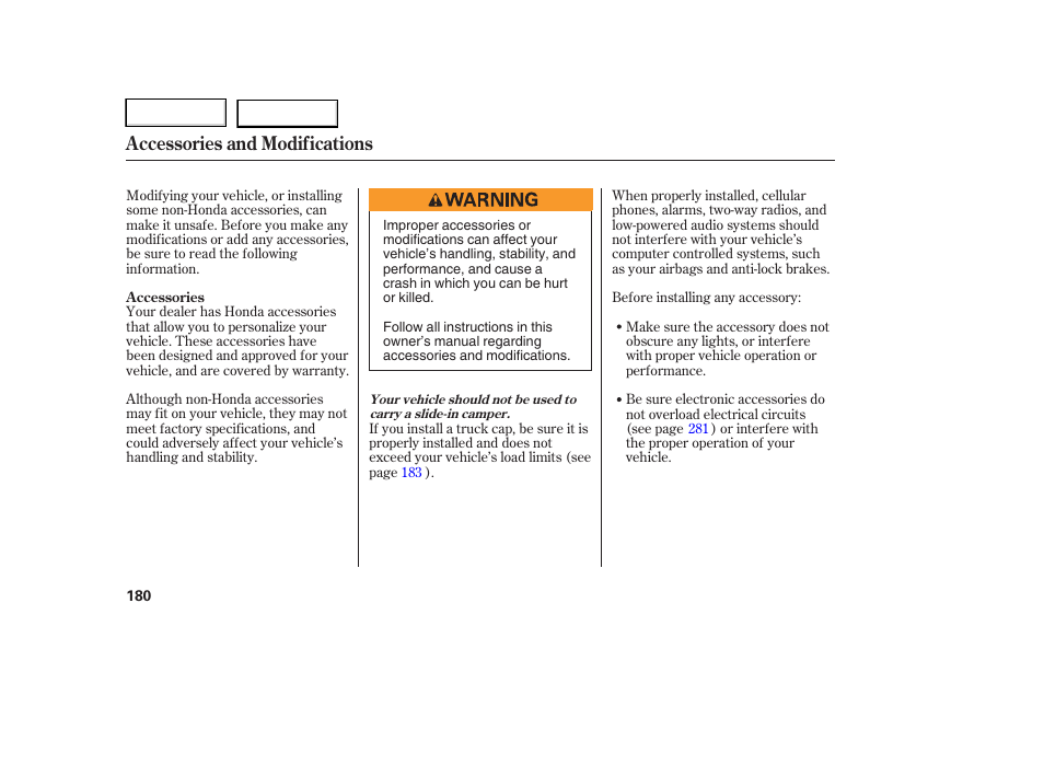 Accessories and modifications | HONDA 2006 Ridgeline - Owner's Manual User Manual | Page 183 / 320