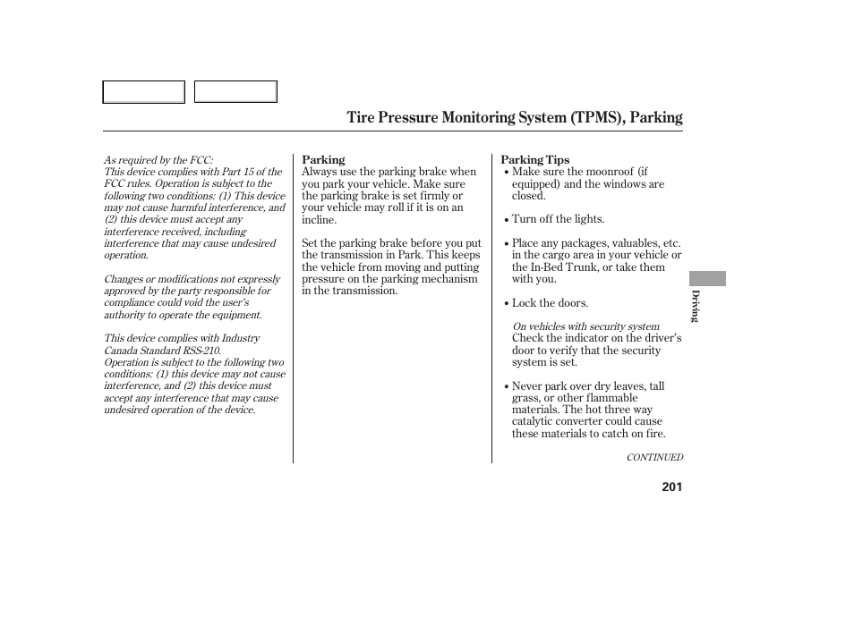 Tire pressure monitoring system (tpms), parking | HONDA 2006 Ridgeline - Owner's Manual User Manual | Page 204 / 320