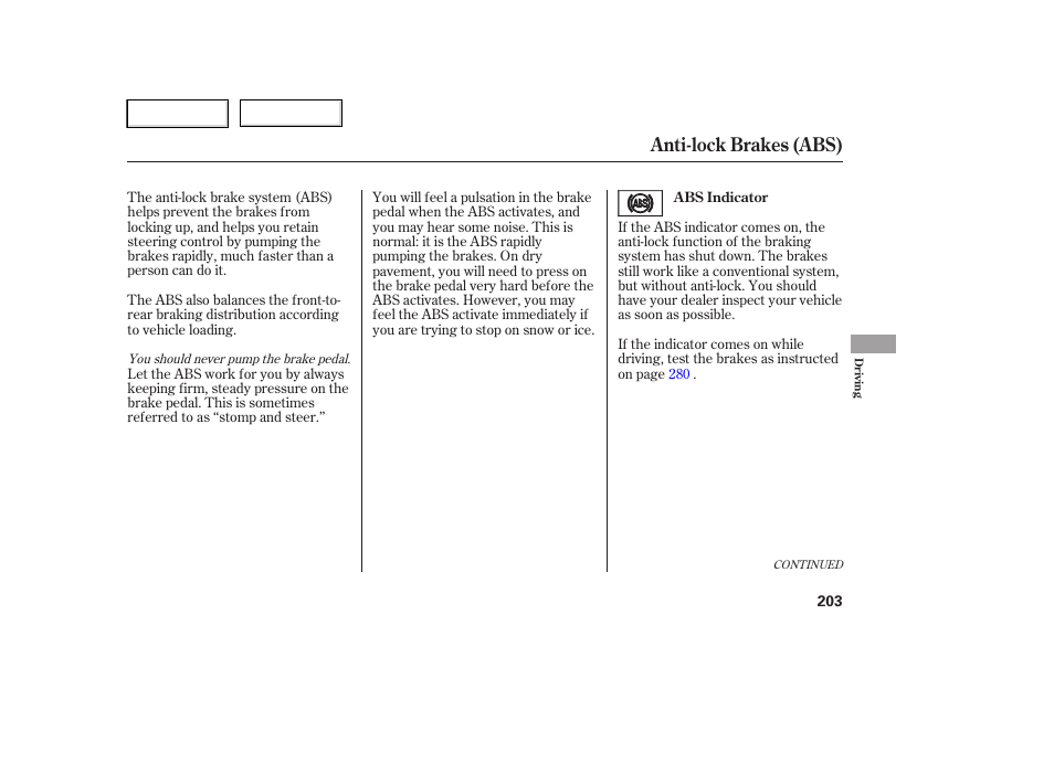 Anti-lock brakes (abs) | HONDA 2006 Ridgeline - Owner's Manual User Manual | Page 206 / 320