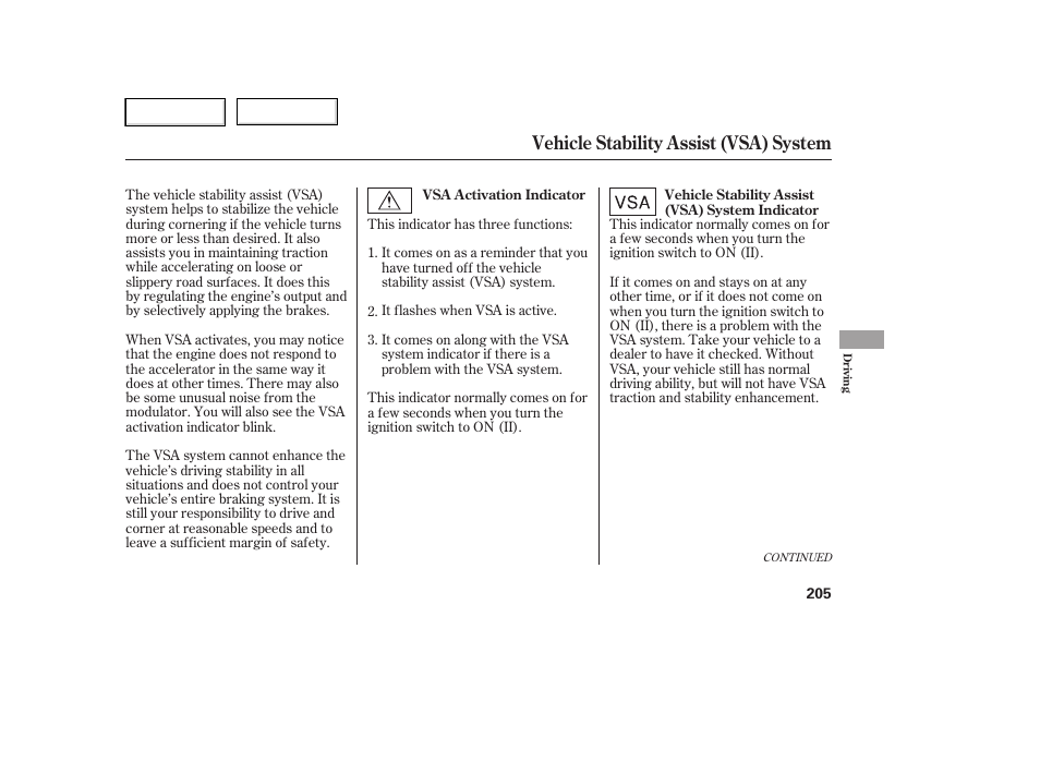 Vehicle stability assist (vsa) system | HONDA 2006 Ridgeline - Owner's Manual User Manual | Page 208 / 320