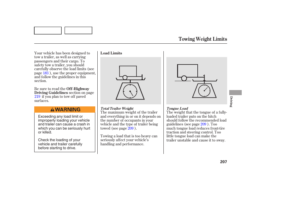 Towing weight limits | HONDA 2006 Ridgeline - Owner's Manual User Manual | Page 210 / 320