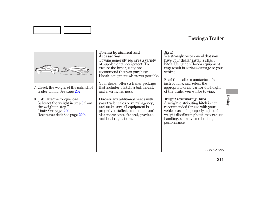 Towing a trailer | HONDA 2006 Ridgeline - Owner's Manual User Manual | Page 214 / 320