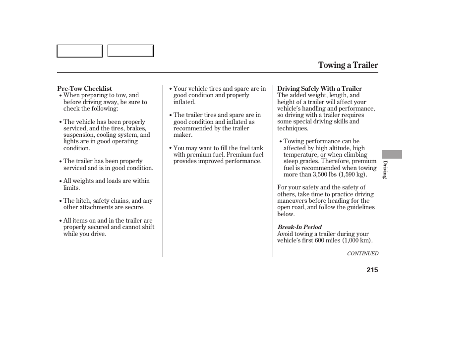 Towing a trailer | HONDA 2006 Ridgeline - Owner's Manual User Manual | Page 218 / 320