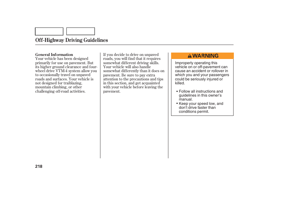 Off-highway driving guidelines | HONDA 2006 Ridgeline - Owner's Manual User Manual | Page 221 / 320