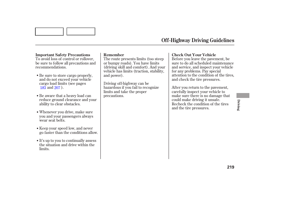 Off-highway driving guidelines | HONDA 2006 Ridgeline - Owner's Manual User Manual | Page 222 / 320