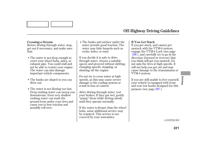 Off-highway driving guidelines | HONDA 2006 Ridgeline - Owner's Manual User Manual | Page 224 / 320