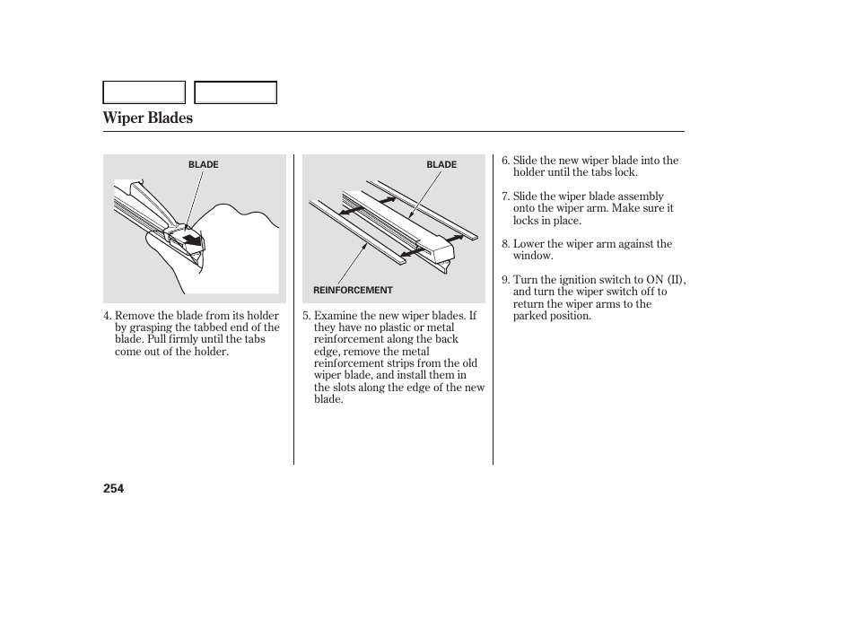 Wiper blades | HONDA 2006 Ridgeline - Owner's Manual User Manual | Page 257 / 320