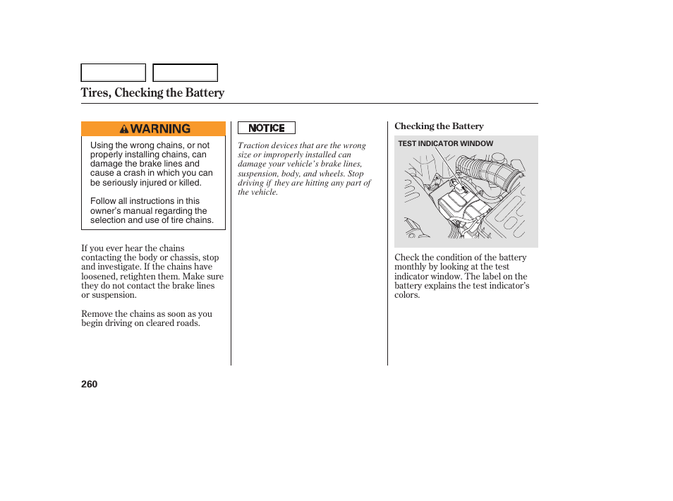 Tires, checking the battery | HONDA 2006 Ridgeline - Owner's Manual User Manual | Page 263 / 320