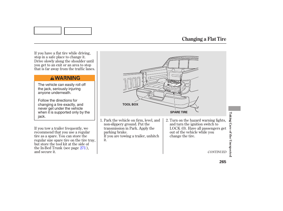 Changing a flat tire | HONDA 2006 Ridgeline - Owner's Manual User Manual | Page 268 / 320