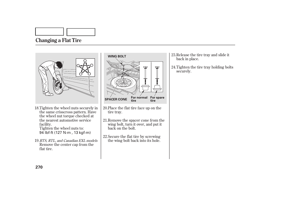 Changing a flat tire | HONDA 2006 Ridgeline - Owner's Manual User Manual | Page 273 / 320