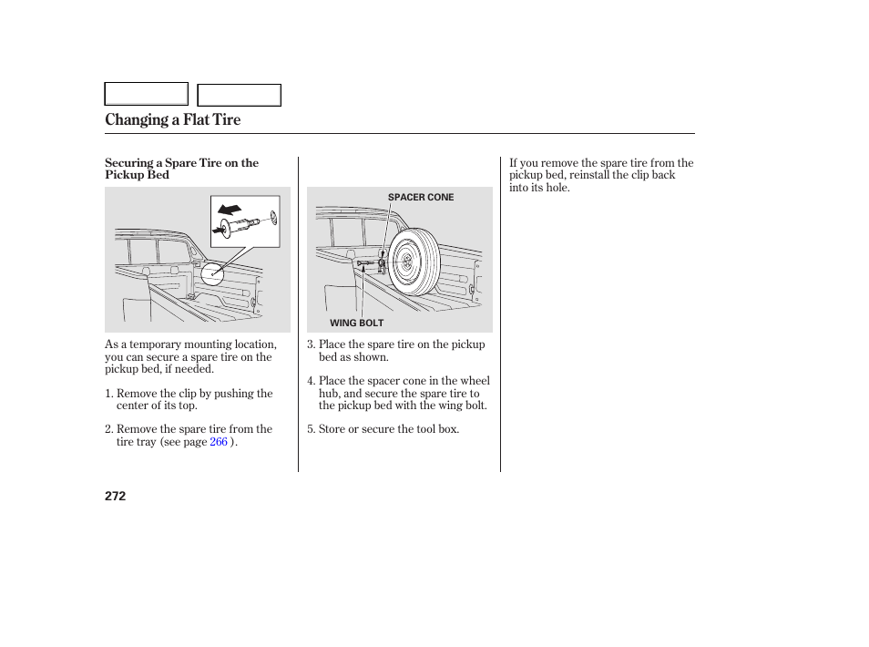 Changing a flat tire | HONDA 2006 Ridgeline - Owner's Manual User Manual | Page 275 / 320