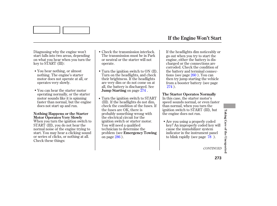 If the engine won’t start | HONDA 2006 Ridgeline - Owner's Manual User Manual | Page 276 / 320