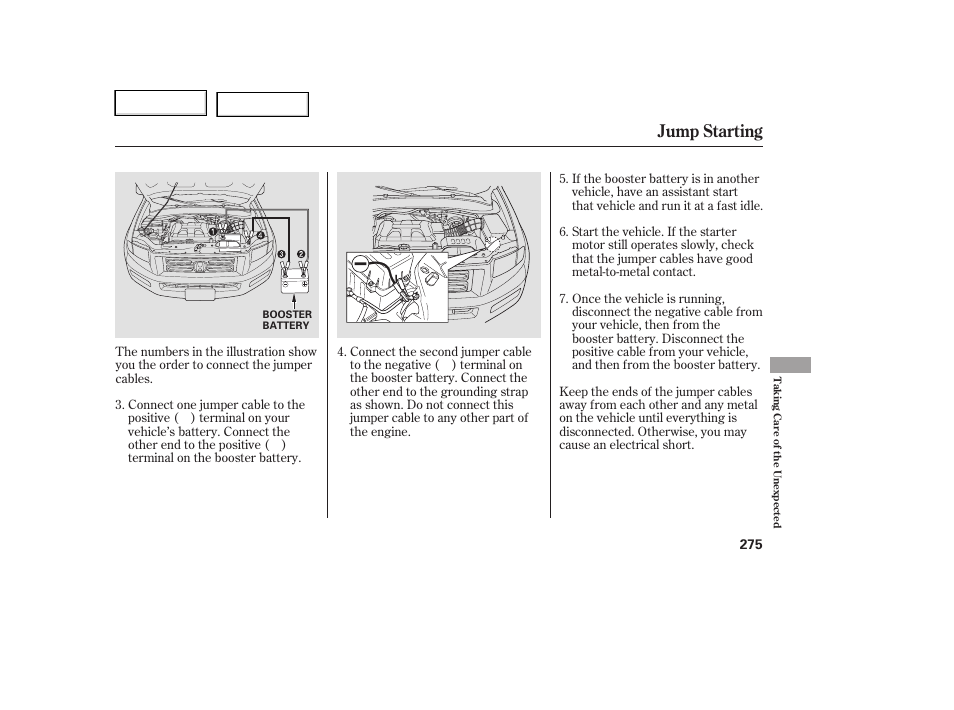 Jump starting | HONDA 2006 Ridgeline - Owner's Manual User Manual | Page 278 / 320