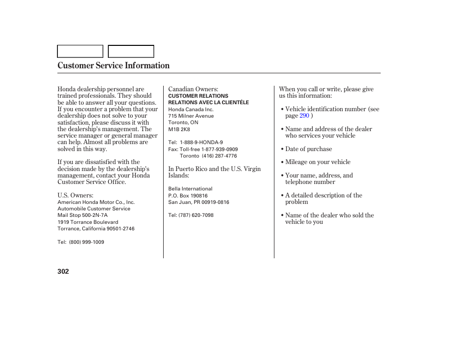 Customer service information | HONDA 2006 Ridgeline - Owner's Manual User Manual | Page 305 / 320