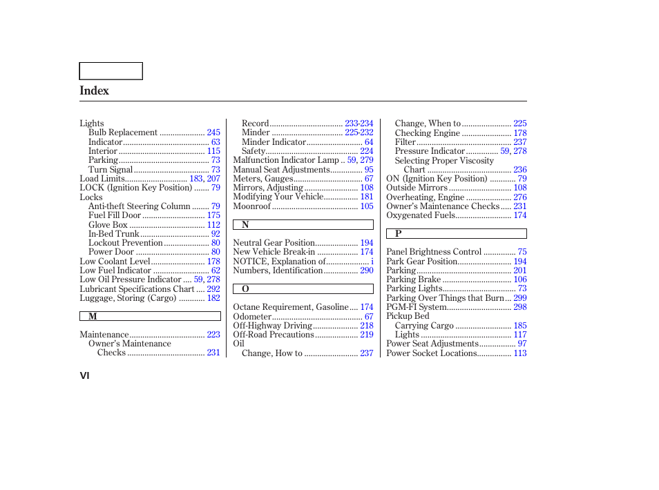 Index | HONDA 2006 Ridgeline - Owner's Manual User Manual | Page 315 / 320
