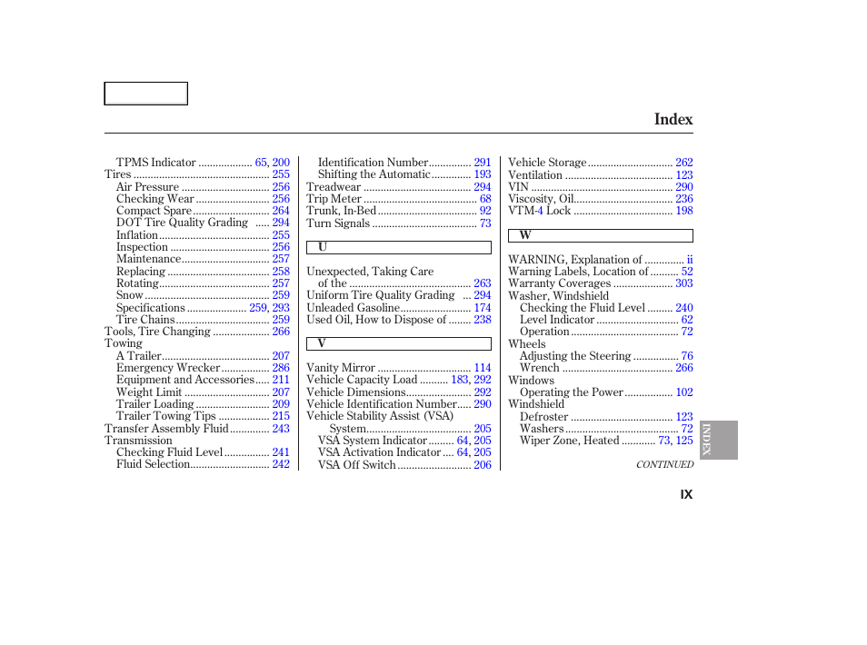 Index | HONDA 2006 Ridgeline - Owner's Manual User Manual | Page 318 / 320