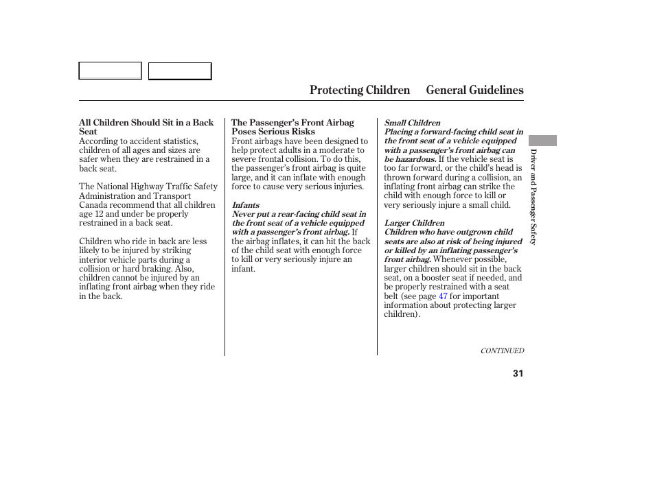 Protecting children general guidelines | HONDA 2006 Ridgeline - Owner's Manual User Manual | Page 34 / 320