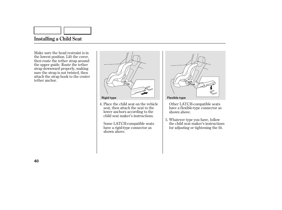 Installing a child seat | HONDA 2006 Ridgeline - Owner's Manual User Manual | Page 43 / 320