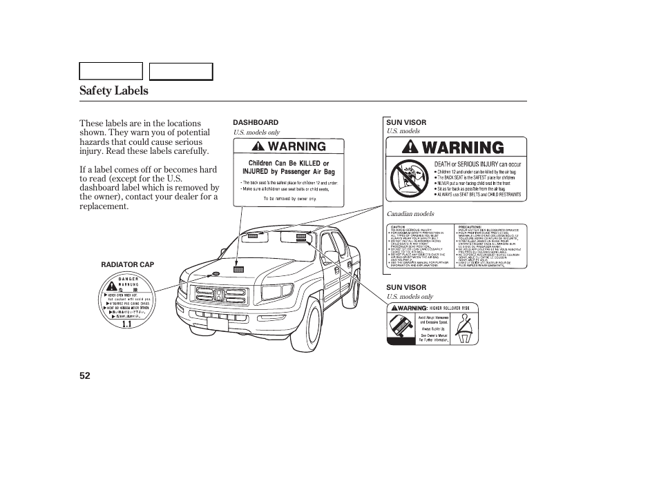 Safety labels | HONDA 2006 Ridgeline - Owner's Manual User Manual | Page 55 / 320