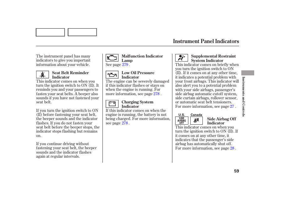 Instrument panel indicators | HONDA 2006 Ridgeline - Owner's Manual User Manual | Page 62 / 320