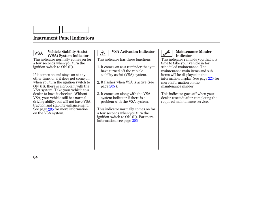 Instrument panel indicators | HONDA 2006 Ridgeline - Owner's Manual User Manual | Page 67 / 320