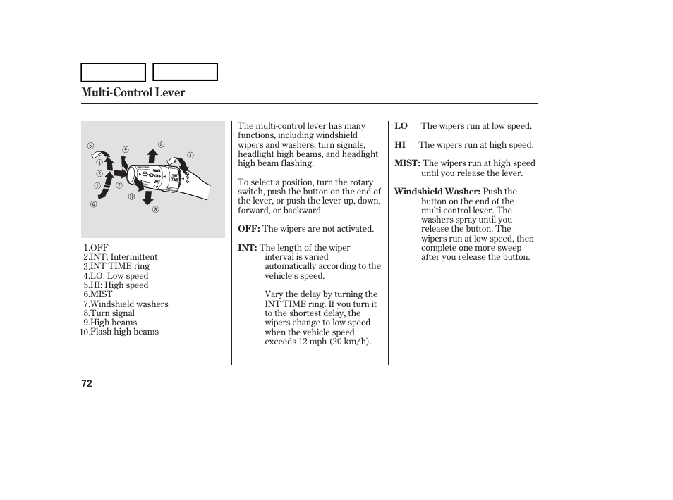 Multi-control lever | HONDA 2006 Ridgeline - Owner's Manual User Manual | Page 75 / 320