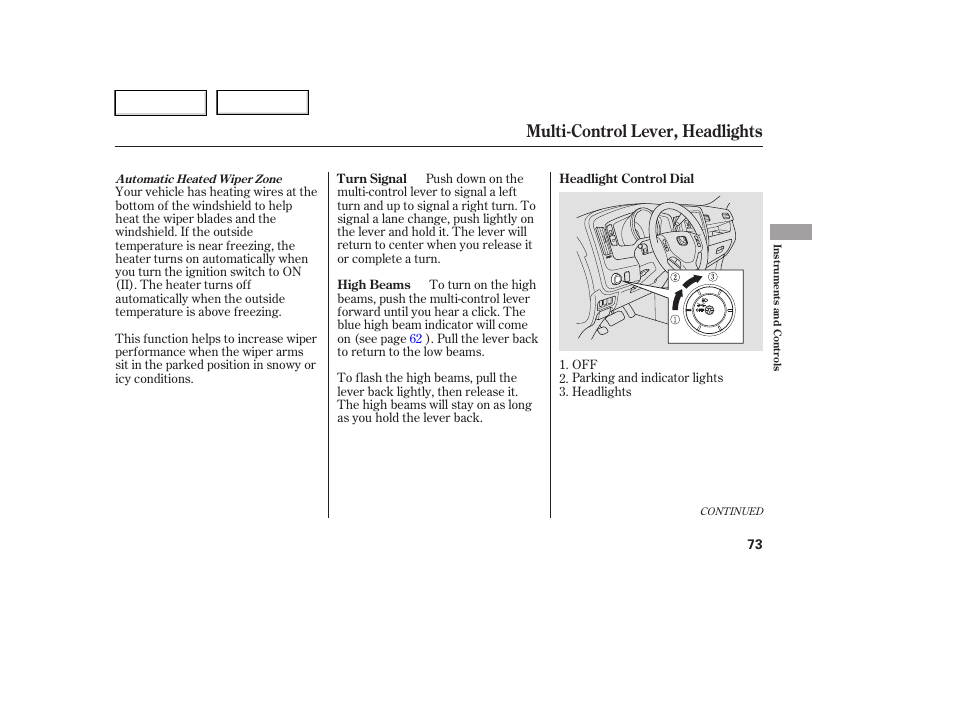 Multi-control lever, headlights | HONDA 2006 Ridgeline - Owner's Manual User Manual | Page 76 / 320