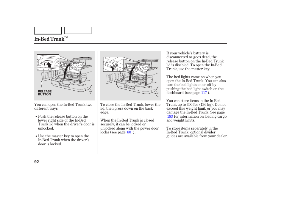 In-bed trunk | HONDA 2006 Ridgeline - Owner's Manual User Manual | Page 95 / 320