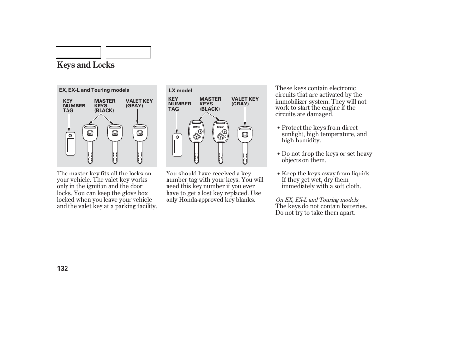 Keys and locks | HONDA 2006 Odyssey - Owner's Manual User Manual | Page 133 / 420