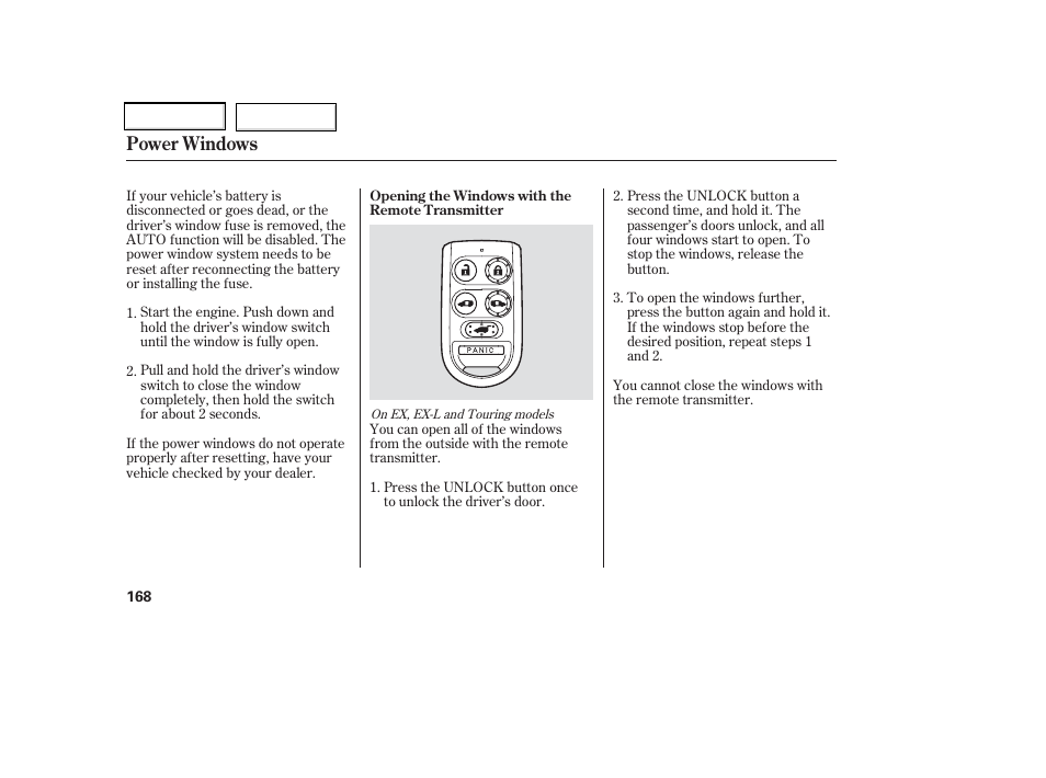 Power windows | HONDA 2006 Odyssey - Owner's Manual User Manual | Page 169 / 420